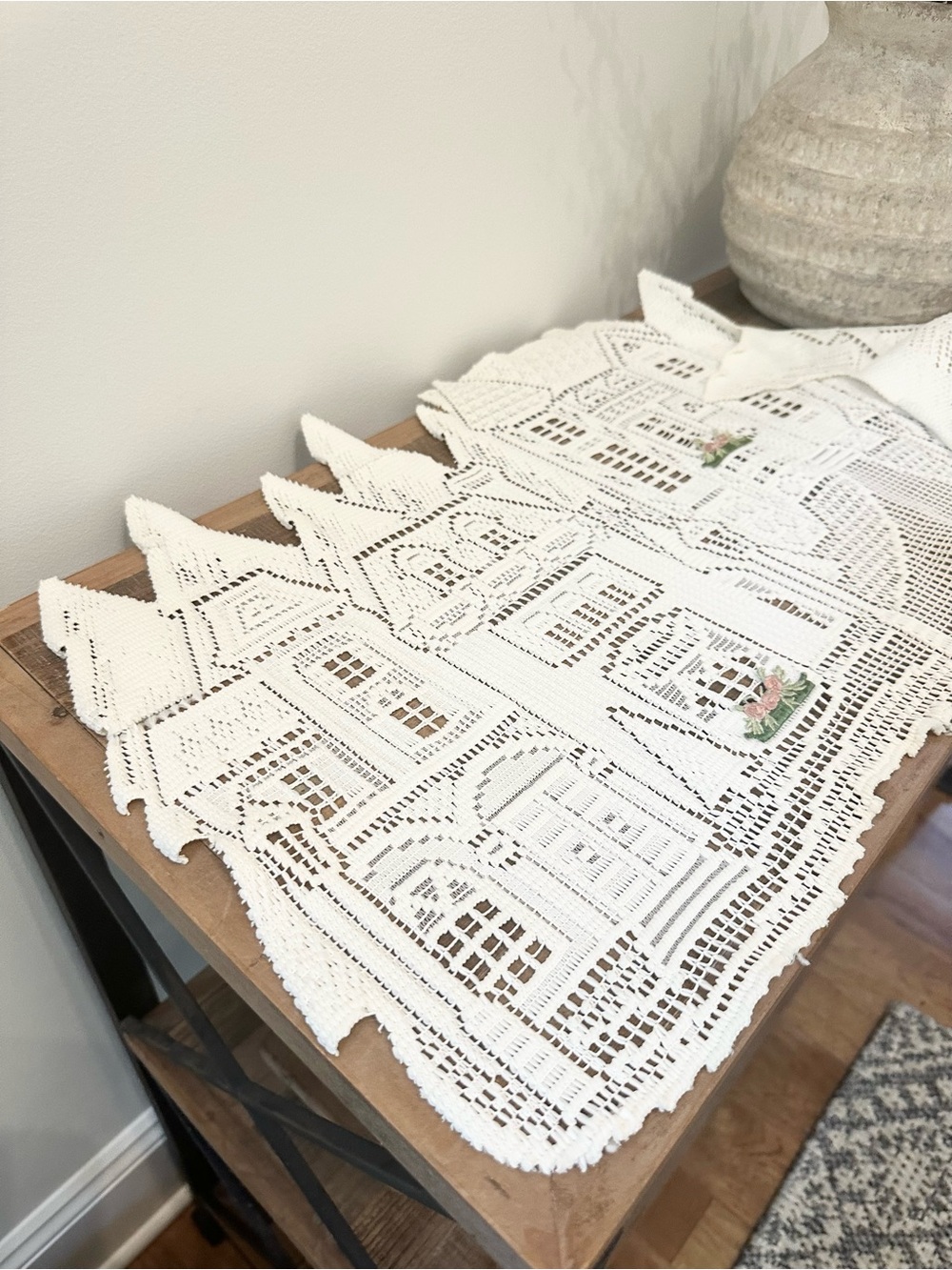 White Crochet Lace Table Runner with Village Cityscape House Motif Flowers 33”